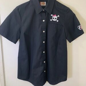 Dickies Womens Black Button Down Shirt with Skull Embroidery - Large - Y2K
